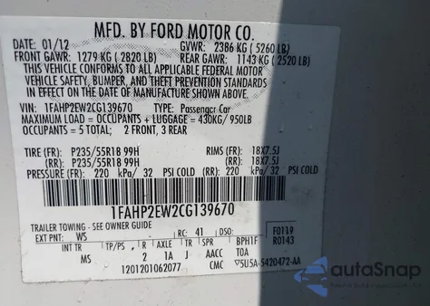 2012 Ford Taurus Sel from USA, damaged, VIN 1FAHP2EW2CG139670
